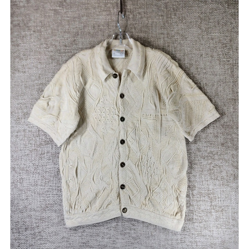 COOGI Australia Cotton 3D Knit Cardigan Mens M Ivory Sweater Short Sleeve VTG